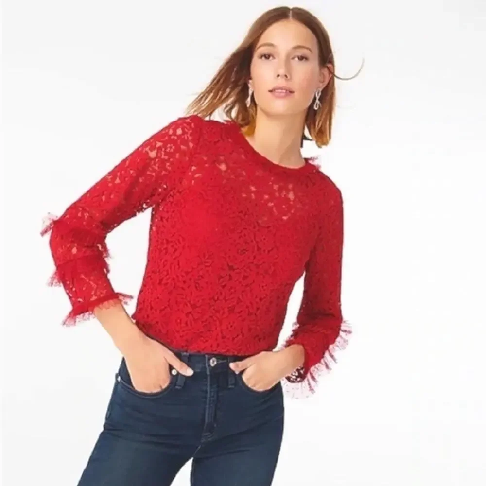 J crew Red Lace Party Top with Tulle Ruffle XS